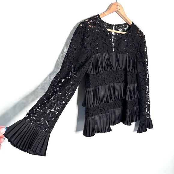 J. Crew | Black Lace Long Sleeve Ruffle Pleats Top Size 4 - Picture 3 of 8